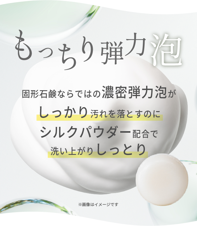 もっちり弾力泡 固形石鹸ならではの濃密弾力泡がしっかり汚れを落とすのにシルクパウダー配合で洗い上がりしっとり